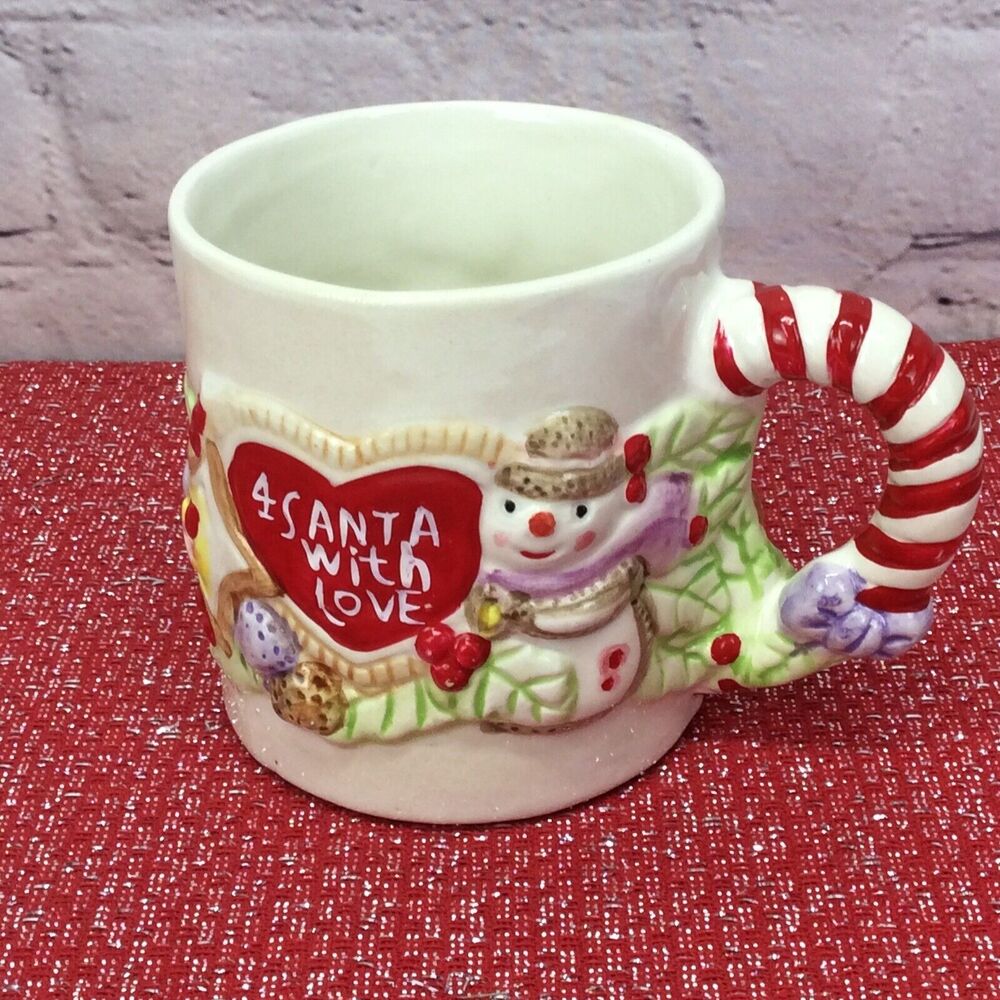 Vintage 1993 Ceramic Christmas Coffee Mug 4 Santa With Love" Handpainted Snowman